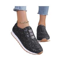 Tênis Femininos Slip-on De Salto Baixo, Dourados E Prateados, Outono 2024, Moda Casual Para