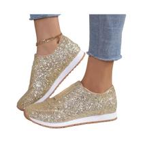 Tênis Femininos Slip-on De Salto Baixo, Dourados E Prateados, Outono 2024, Moda Casual Para