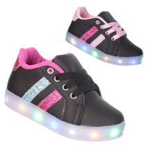 Tenis Glitter Preto Colorido com Luzes de Led Infantil Feminino Meninas