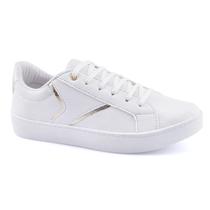 Tênis Godiva Casual Cadarço Feminino Branco Detalhe Lateral Dourado