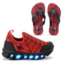 Tênis Infantil Aranha Vermelho Preto Led Luzes Coloridas Calce Fácil e Chinelo Aranha Vermelho