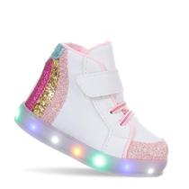 Tênis Infantil Botinha com Luz de Led Branco Arco Iris Menina Glitter