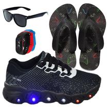 Tênis Infantil Cadarço Feminino Masculino Com Led Escolar +Chinelo+Óculos+Relógio - ARS