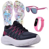 Tenis Infantil De Amarrar Meninas Leve Desenhos LIGHT + Chinelo Oculos Relogio