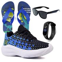 Tenis Infantil De Amarrar Meninos Leve Desenhos LIGHT + Chinelo Oculos Relogio