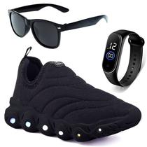 Tenis Infantil De Led Calce Facil Elastico Meninos Masculino + Oculos Relogio - CALCADOS LGHT LIGHT