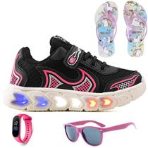 Tenis Infantil De Led Casual Jogger Meninas Escolar Basico + Chinelo Oculos Relogio