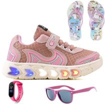 Tenis Infantil De Led Casual Jogger Meninas Escolar Basico + Chinelo Oculos Relogio