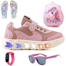 Tenis Infantil De Led Casual Jogger Meninas Escolar Basico + Mochila Chinelo Oculos Relogio