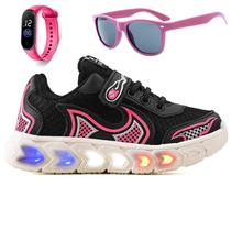 Tenis Infantil De Led Casual Jogger Meninas Escolar Basico + Oculos Relogio