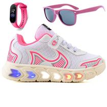 Tenis Infantil De Led Casual Jogger Meninas Escolar Basico + Oculos Relogio