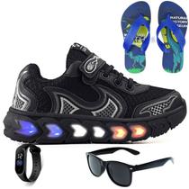 Tenis Infantil De Led Casual Jogger Meninos Escolar Basico + Chinelo Oculos Relogio