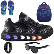 Tenis Infantil De Led Casual Jogger Meninos Escolar Basico + Mochila Chinelo Oculos Relogio