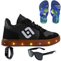 Tenis Infantil De Led Casual Sapatenis Meninos Meninas Street Calce Facil + Chinelo Oculos Relogio