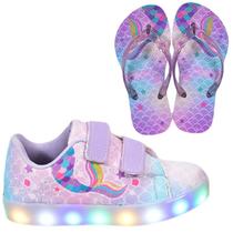 Tênis Infantil De Led Feminino Casual Desenho Sereia + Chinelo Tênis Infantil De Led Feminino Casual Desenho Sereia + Chinelo