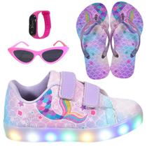 Tênis Infantil De Led Feminino Casual Desenho Sereia +Chinelo+Óculos+Relógio Tênis Infantil De Led Feminino Casual Desenho Sereia +Chinelo+Óculos+Relógio
