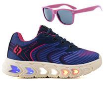 Tenis Infantil De Led Feminino Meninas Escolar Casual Calce Facil Basico + Oculos