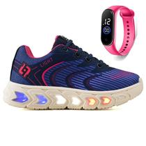 Tenis Infantil De Led Feminino Meninas Escolar Casual Calce Facil Basico + Relogio