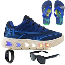 Tenis Infantil De Led Masculino Meninos Escolar Casual Calce Facil Basico + Chinelo Oculos Relogio