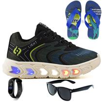 Tenis Infantil De Led Masculino Meninos Escolar Casual Calce Facil Basico + Chinelo Oculos Relogio