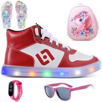 Tenis Infantil De Led Meninas Botinha Cano Alto Escolar Casual Basico + Mochila Chinelo Oculos Relogio