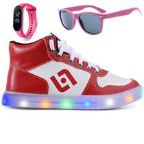 Tenis Infantil De Led Meninas Botinha Cano Alto Escolar Casual Basico + Oculos Relogio