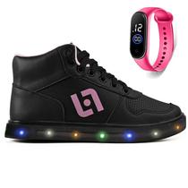 Tenis Infantil De Led Meninas Botinha Cano Alto Escolar Casual Basico + Relogio