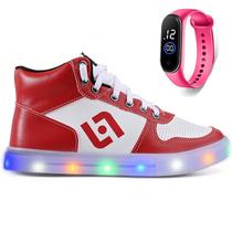 Tenis Infantil De Led Meninas Botinha Cano Alto Escolar Casual Basico + Relogio