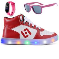 Tenis Infantil De Led Meninas Botinha Escolar Casual Basico + Oculos + Relogio