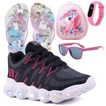 Tenis Infantil De Led Meninas Calce Facil Desenhos Luzinha LIGHT + Mochila Chinelo Oculos Relogio