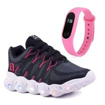 Tenis Infantil De Led Meninas Calce Facil Desenhos Luzinha LIGHT + Relogio
