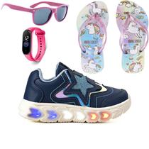 Tenis Infantil De Led Meninas Estrela Holografico Casual LIGHT + Chinelo Oculos Relogio