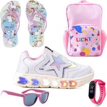 Tenis Infantil De Led Meninas Estrela Holografico Casual LIGHT + Mochila Chinelo Oculos Relogio