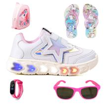 Tenis Infantil De Led Meninas Estrela Holografico Casual LIGHT + Mochila Chinelo Oculos Relogio
