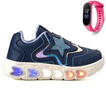 Tenis Infantil De Led Meninas Estrela Holografico Casual LIGHT + Relogio