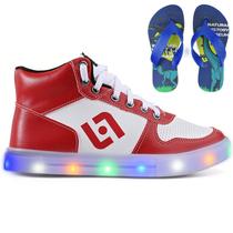 Tenis Infantil De Led Meninos Botinha Cano Alto Escolar Casual Basico + Chinelo