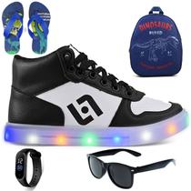 Tenis Infantil De Led Meninos Botinha Cano Alto Escolar Casual Basico + Mochila Chinelo Oculos Relogio