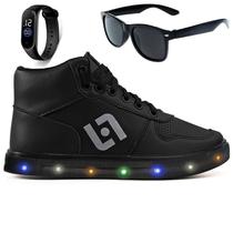 Tenis Infantil De Led Meninos Botinha Cano Alto Escolar Casual Basico + Oculos Relogio