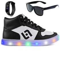 Tenis Infantil De Led Meninos Botinha Cano Alto Escolar Casual Basico + Oculos Relogio