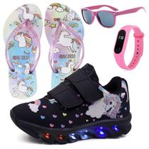 Tenis Infantil De Led Unicornio Calce Facil Meninas LIGHT + Chinelo Oculos Relogio