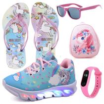 Tenis Infantil De Led Unicornio Calce Facil Meninas LIGHT + Mochila Chinelo Oculos Relogio