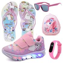 Tenis Infantil De Led Unicornio Calce Facil Meninas LIGHT + Mochila Chinelo Oculos Relogio