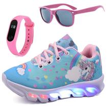 Tenis Infantil De Led Unicornio Calce Facil Meninas LIGHT + Oculos Relogio