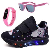 Tenis Infantil De Led Unicornio Calce Facil Meninas LIGHT + Oculos Relogio