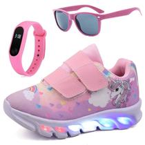 Tenis Infantil De Led Unicornio Calce Facil Meninas LIGHT + Oculos Relogio