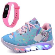 Tenis Infantil De Led Unicornio Calce Facil Meninas LIGHT + Relogio