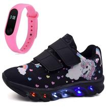 Tenis Infantil De Led Unicornio Calce Facil Meninas LIGHT + Relogio