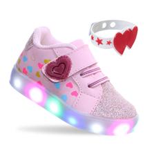 Tenis Infantil de Luzinha Led Menina Coração Rosa Com Pulseira