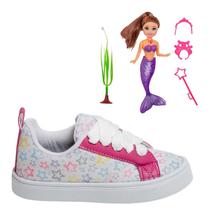 Tênis Infantil Feminino Casual Colegial CM Estrela Sereia Meninas Leve Confortável +Boneca