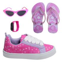 Tênis Infantil Feminino Casual Colegial CM Estrela Sereia Meninas Leve Confortável +Óculos+Relógio+Chinelo